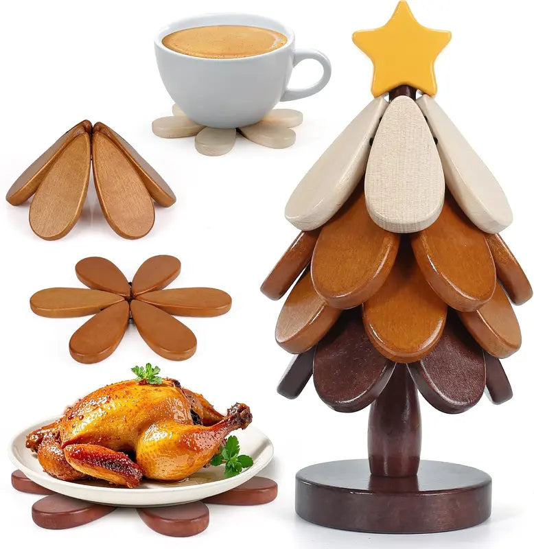 🎁Early Christmas Hot Sale 🎅Natural Tree Trivet Set -Stars&Apples