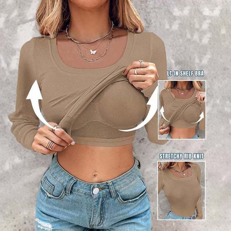 🔥Neck Built-in Bra Long Sleeve&Vest Ribbed Top Shirts Elegant Skinny Fit Fabric💥