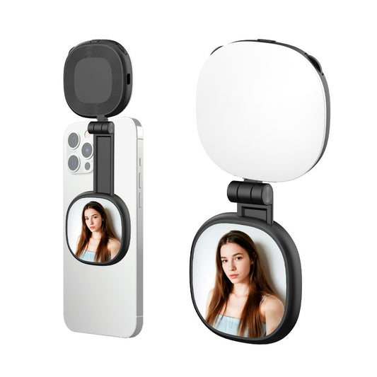 Magnetic Selfie Light Compatible with MagSafe iPhone Folding LED Phone Fill Ring Lighting with Mirror for Video Conference