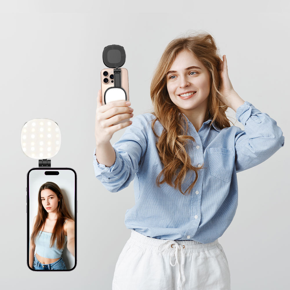 Magnetic Selfie Light Compatible with MagSafe iPhone Folding LED Phone Fill Ring Lighting with Mirror for Video Conference