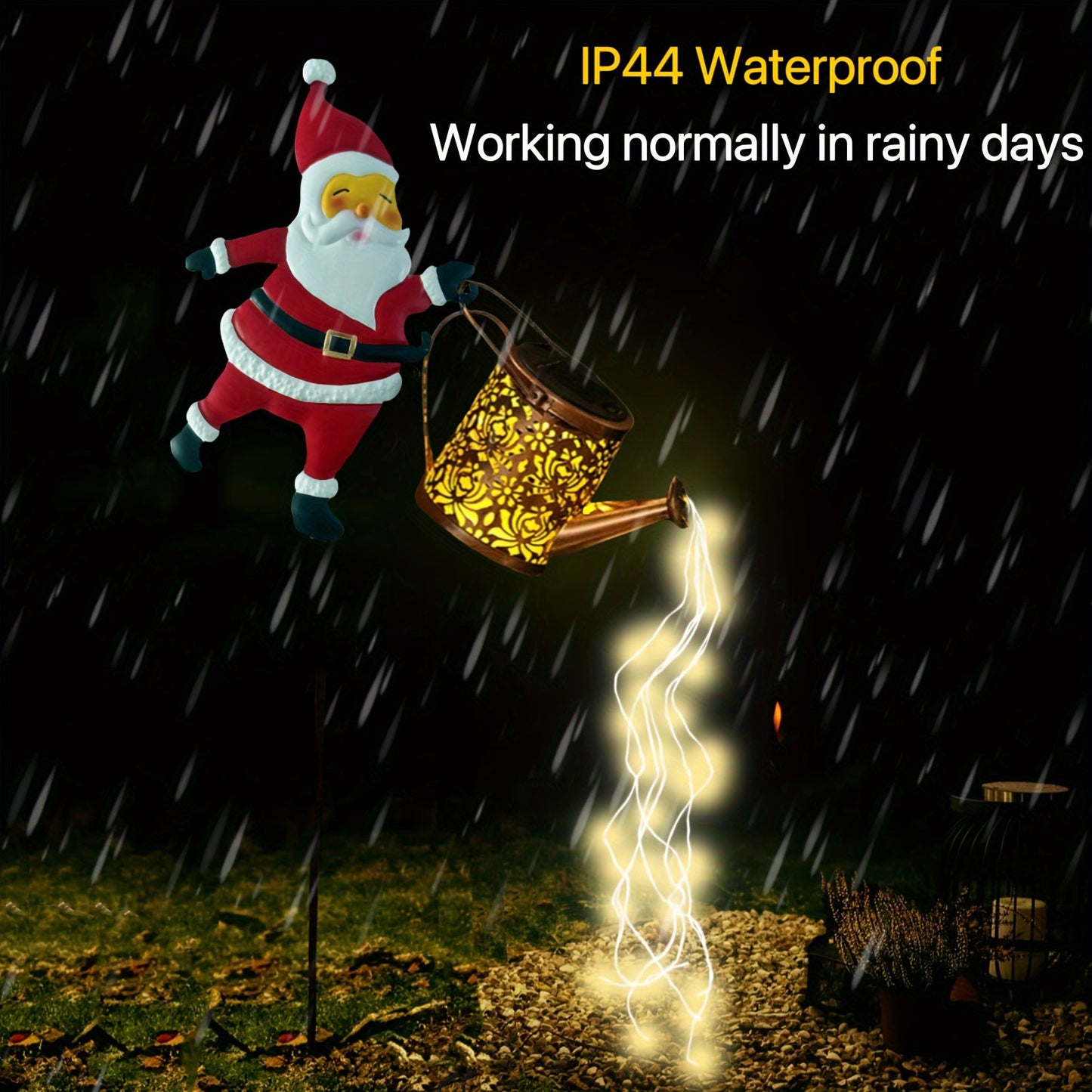 Solar Santa Watering Can Garden Light with Cascading LED Lights – Outdoor Waterproof Stake Light for Christmas & Holiday Decor