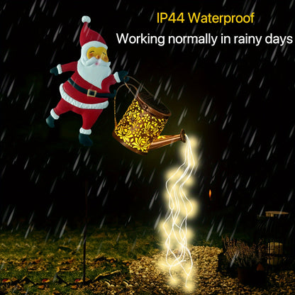 Solar Santa Watering Can Garden Light with Cascading LED Lights – Outdoor Waterproof Stake Light for Christmas & Holiday Decor