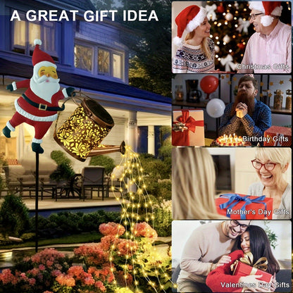 Solar Santa Watering Can Garden Light with Cascading LED Lights – Outdoor Waterproof Stake Light for Christmas & Holiday Decor