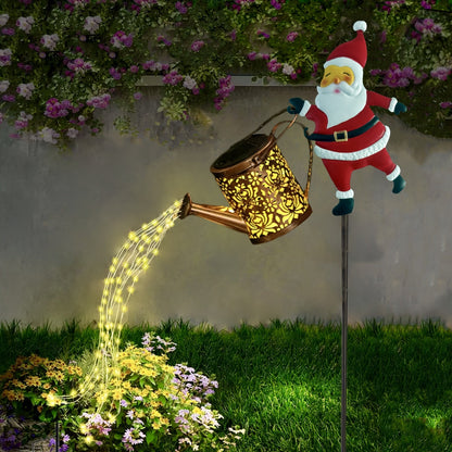 Solar Santa Watering Can Garden Light with Cascading LED Lights – Outdoor Waterproof Stake Light for Christmas & Holiday Decor