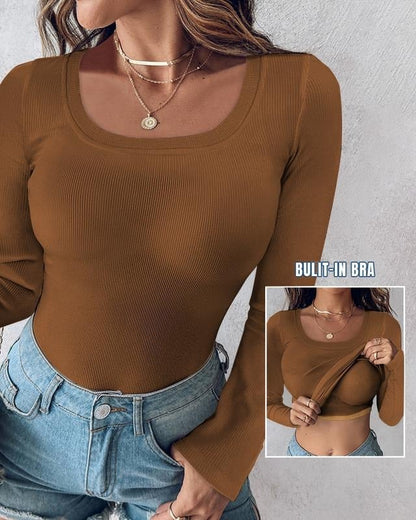 🔥Neck Built-in Bra Long Sleeve&Vest Ribbed Top Shirts Elegant Skinny Fit Fabric💥