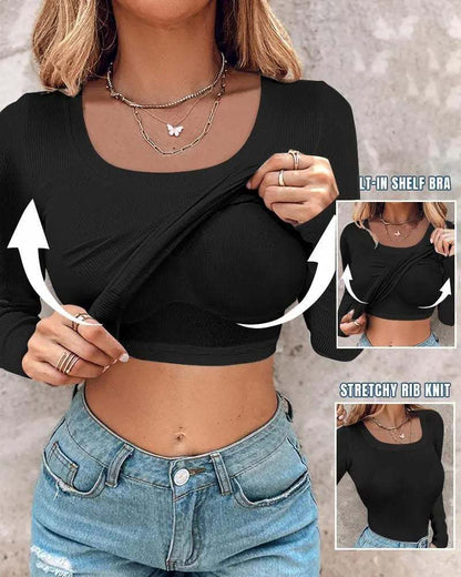 🔥Neck Built-in Bra Long Sleeve&Vest Ribbed Top Shirts Elegant Skinny Fit Fabric💥